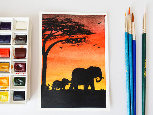 Elephant Safari Watercolour Postcard Painting Original