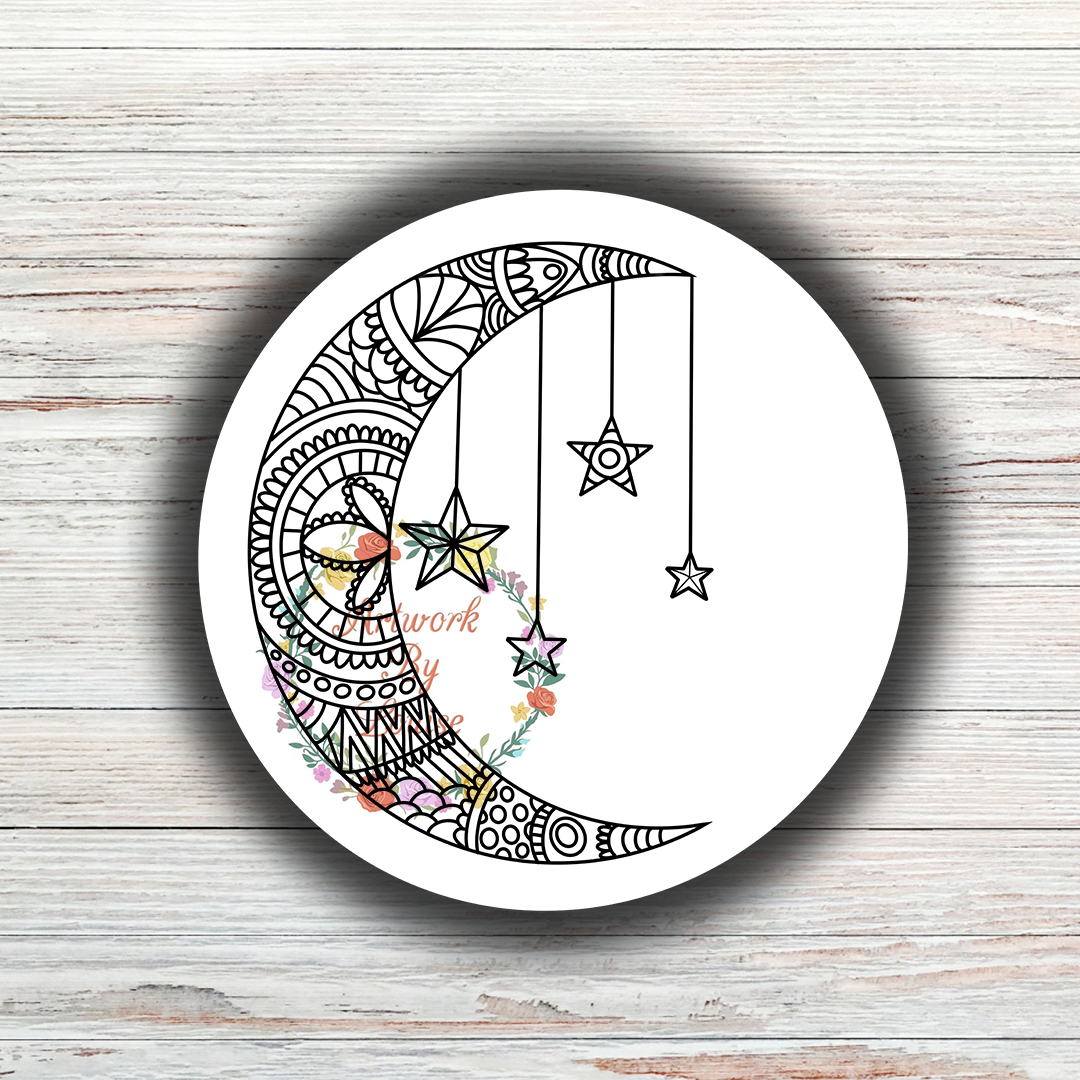 Moon and Stars Mandala Die Cut Sticker – Artwork By Louise