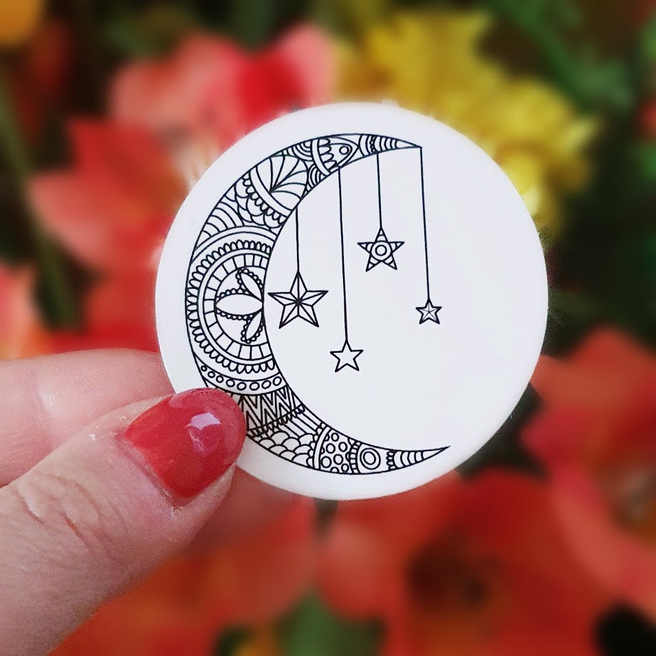 Moon and Stars Mandala Die Cut Sticker – Artwork By Louise