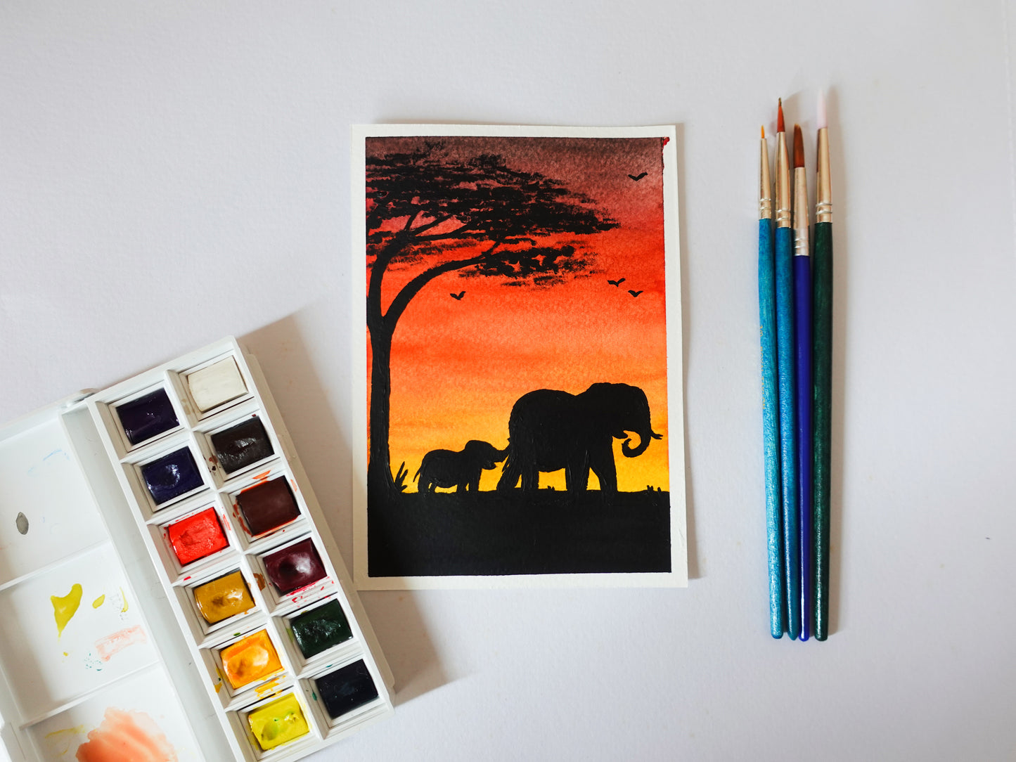 Elephant Safari Watercolour Postcard Painting Original