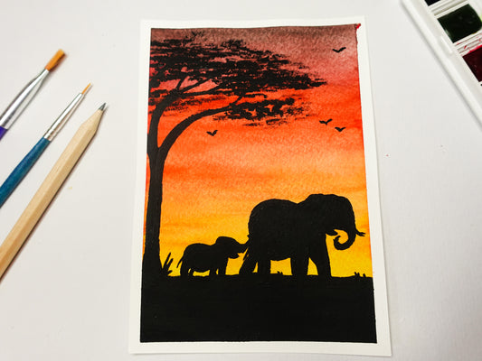 Elephant Safari Watercolour Postcard Painting Original