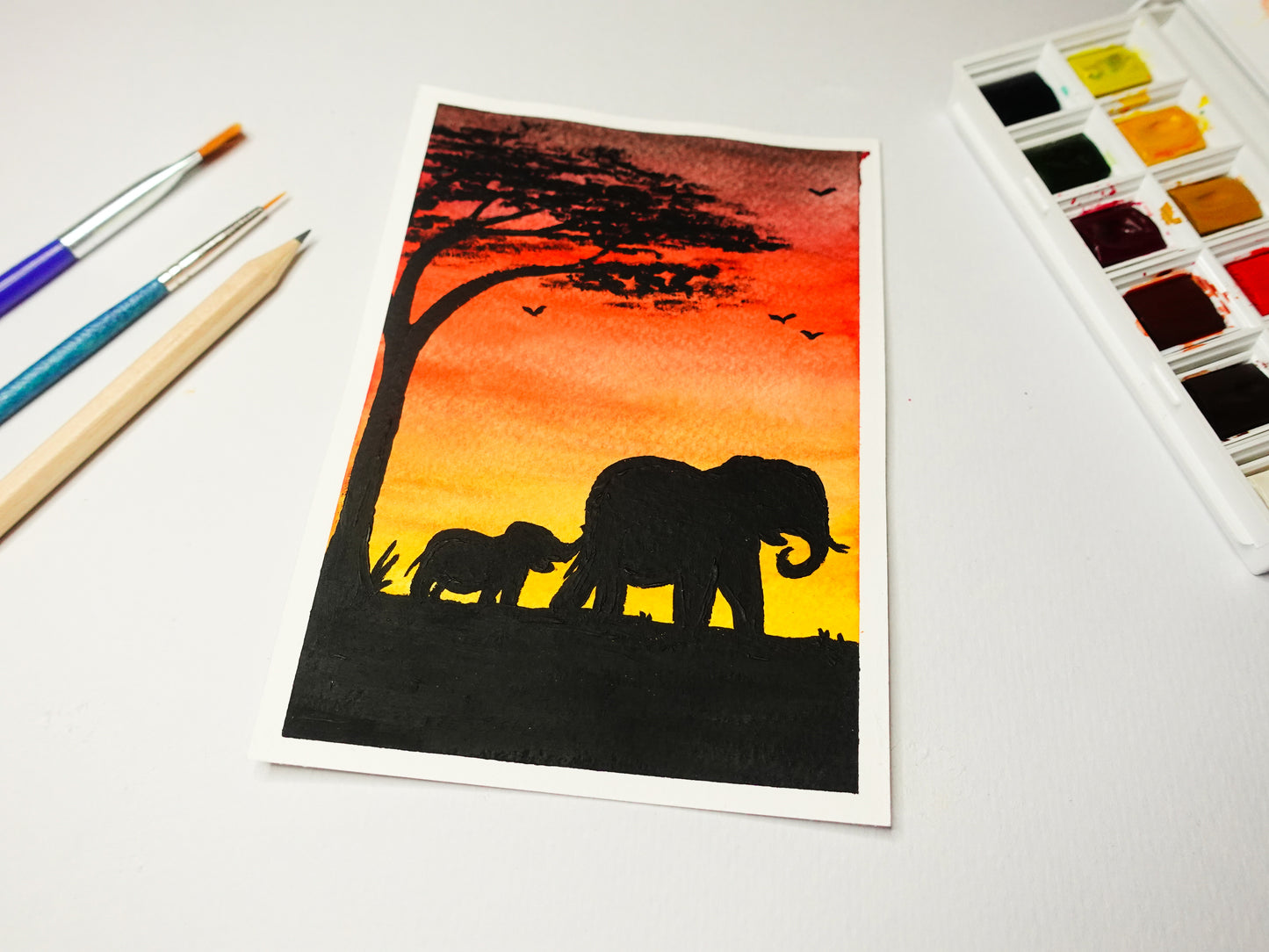 Elephant Safari Watercolour Postcard Painting Original