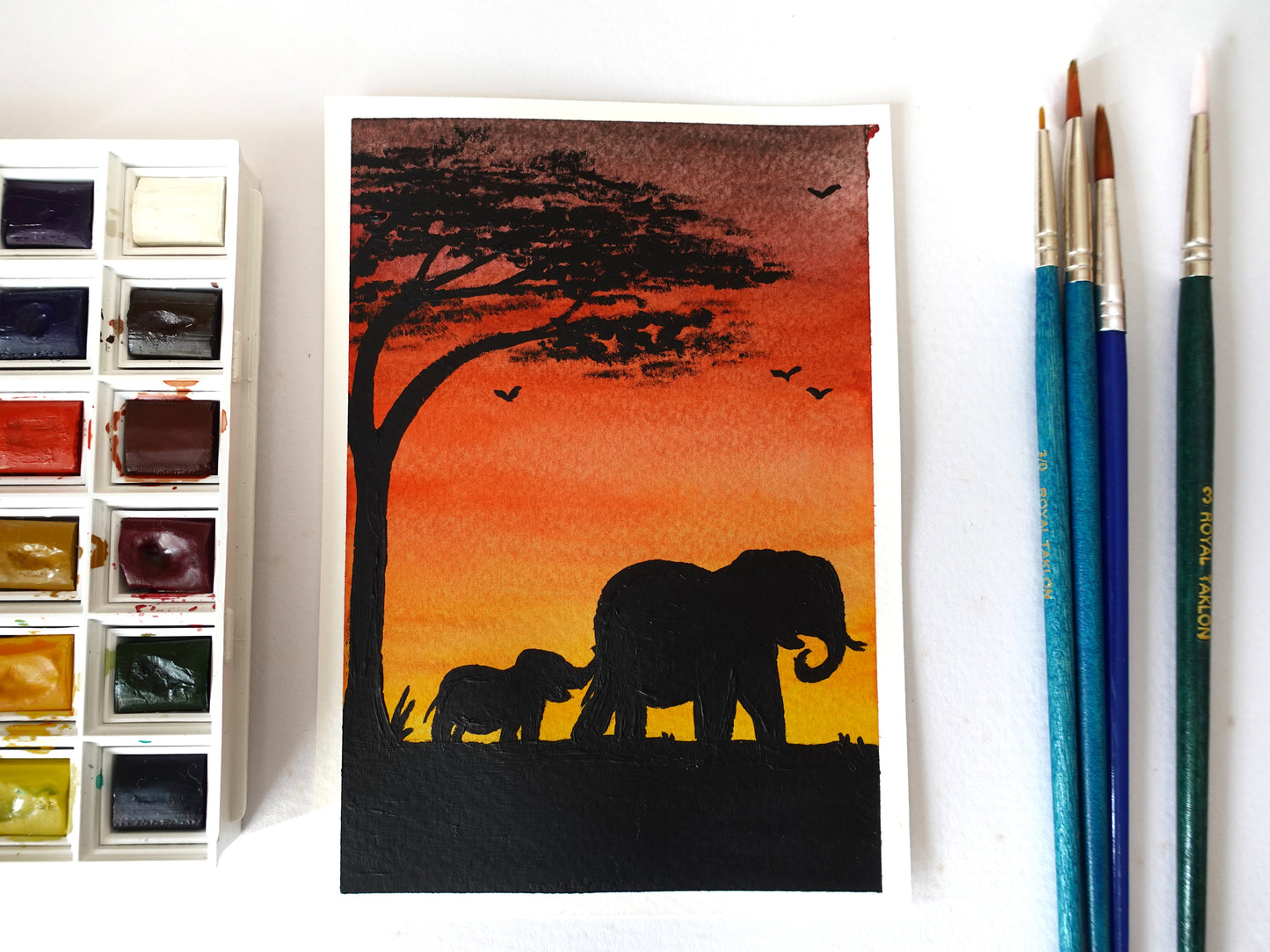 Elephant Safari Watercolour Postcard Painting Original